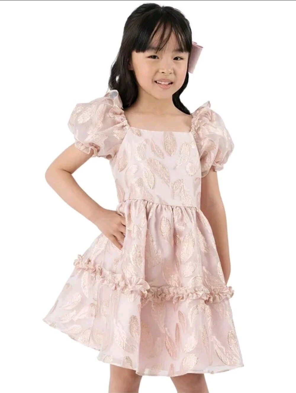 Rare Editions Puff-Sleeve Burnout Organza Dress Little Girls' 4T Blush Back Zip